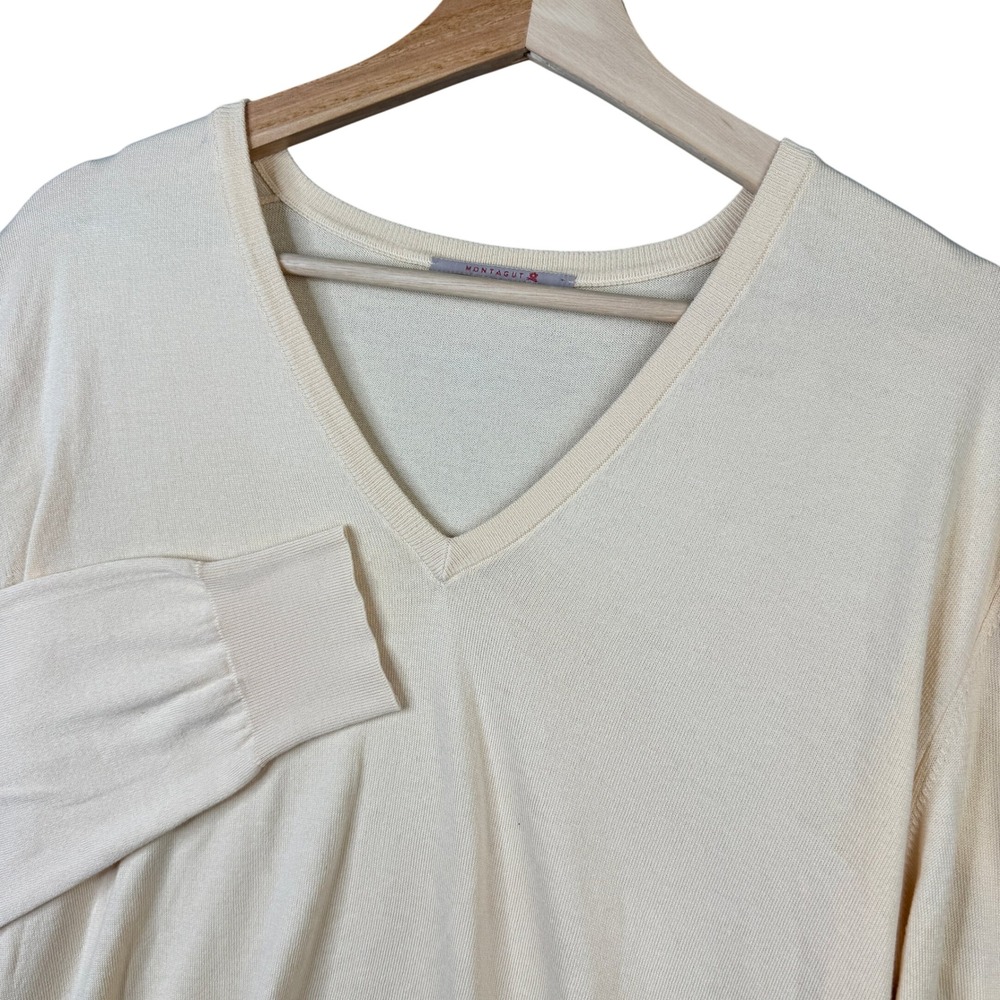 Montagut Mens XL V-Neck Sweater Beige 100% Cotton Fine Knit Long Sleeve Pullover